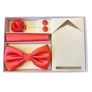 Bow tie + Pocket Square + Lapel + Cuff links - Coral Never Worn